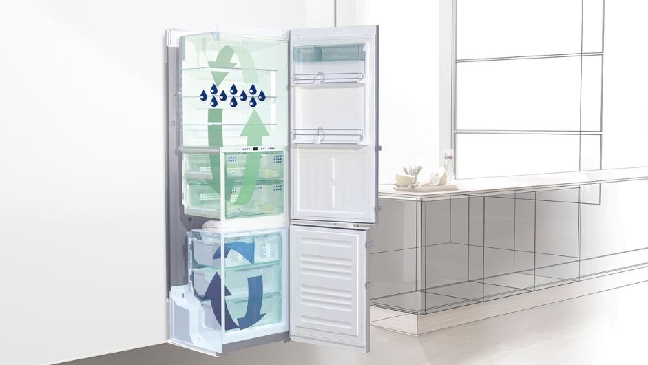 DuoCooling od Liebherru: Oddělené chladicí okruhy, které udrží potraviny déle čerstvé nákres lednice Liebherr, kde jsou znázorněny dva chladicí okruhy šipkami