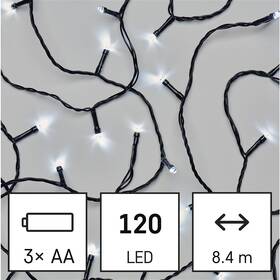 Vánoční osvětlení EMOS 120 LED řetěz, 8,4 m, 3x AA, venkovní i vnitřní, studená bílá, časovač 
