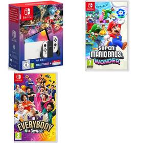 Set výrobků Nintendo Nintendo SWITCH OLED + Mario Kart 8 Deluxe + Online předplatné na 12 měsíců + Super Mario Bros. Wonder + Everybody 1-2-Switch! 
