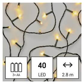 Vánoční osvětlení EMOS 40 LED řetěz, 2,8 m, 3x AA, venkovní i vnitřní, teplá bílá, časovač (D4FW01) - zánovní - 24 měsíců záruka