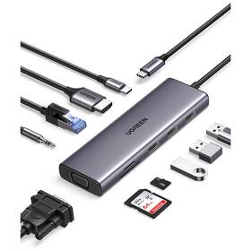 Dokovací stanice UGREEN USB-C/3×USB, SD, VGA, 3,5mm Jack, RJ45, HDMI šedá barva
