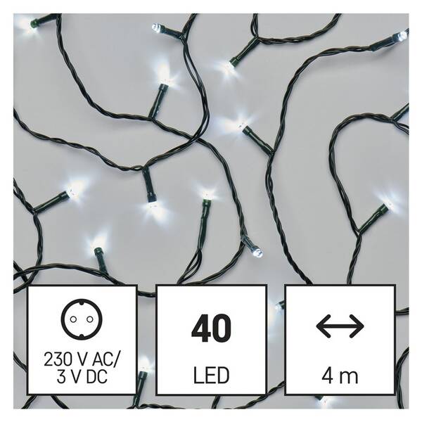 Vánoční osvětlení EMOS 40 LED řetěz, 4 m, venkovní i vnitřní, studená bílá, časovač 
