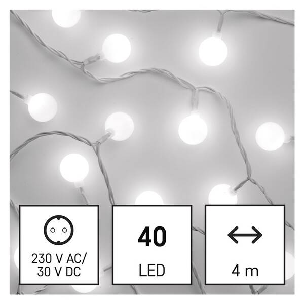 Vánoční osvětlení EMOS 40 LED cherry řetěz - kuličky 2,5 cm, 4 m, venkovní i vnitřní, studená bílá, časovač 
