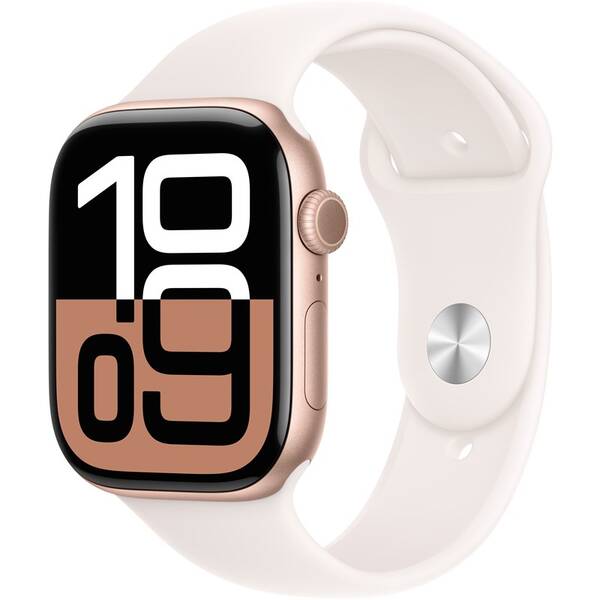 Chytré hodinky Apple GPS + Cellular 42mm pouzdro z růžově zlatého hliníku - světle ruměný sportovní řemínek - M/L 
