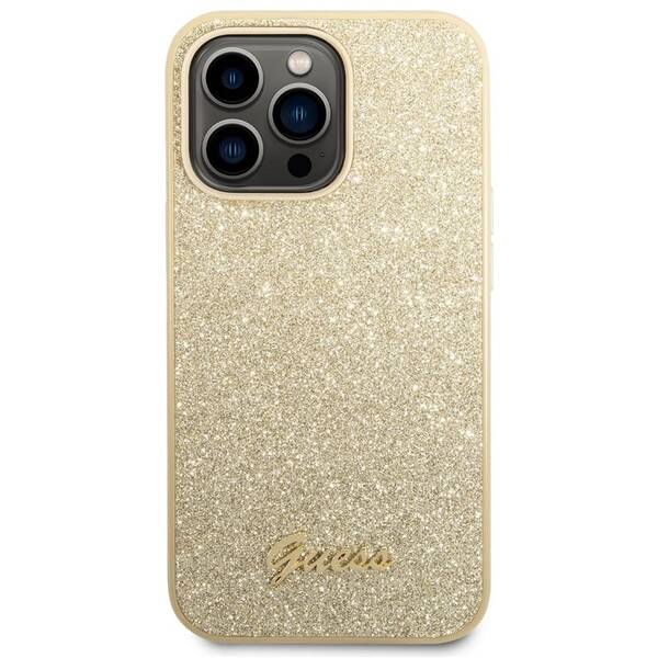 Kryt na mobil Guess Glitter Flakes Metal Logo na Apple iPhone 14 Pro zlatá barva
