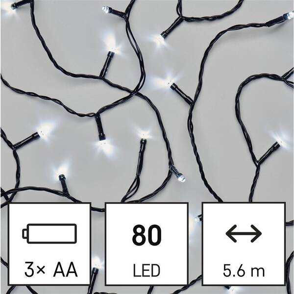 Vánoční osvětlení EMOS 80 LED  řetěz, 5,6 m, 3x AA, venkovní i vnitřní, studená bílá, časovač 
