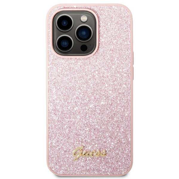 Kryt na mobil Guess Glitter Flakes Metal Logo na Apple iPhone 14 Pro Max růžová barva
