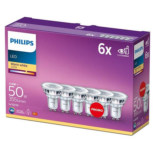 Žárovka LED Philips bodová, 4,6W, GU10, teplá bílá, 6ks 
