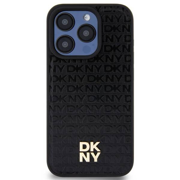 Kryt na mobil DKNY PU Leather Repeat Pattern Stack Logo Magsafe na iPhone 15 Pro černá barva
