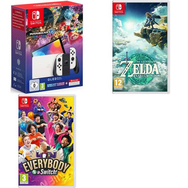 Set výrobků Nintendo Nintendo SWITCH OLED + Mario Kart 8 Deluxe + Online předplatné na 12 měsíců + The Legend of Zelda:Tears of the Kingdom + Everybody 1-2-Switch! 
