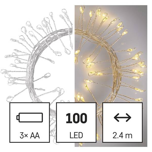 Vánoční osvětlení EMOS 100 LED nano řetěz - ježek, 2,4 m, 3x AA, vnitřní, teplá bílá, časovač 
