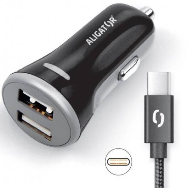 Adaptér do auta Aligator 2xUSB, smart IC, 3,4A + USB-C kabel černá barva
