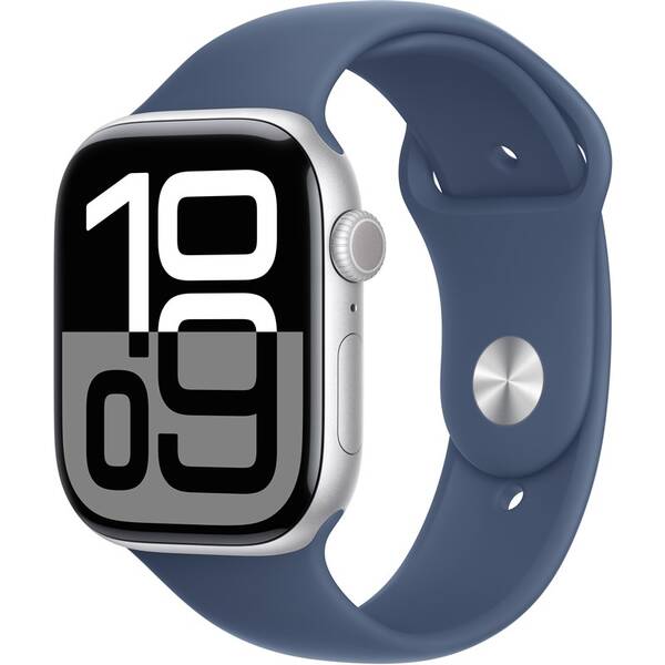 Chytré hodinky Apple GPS 46mm pouzdro ze stříbrného hliníku - denimový sportovní řemínek - S/M 
