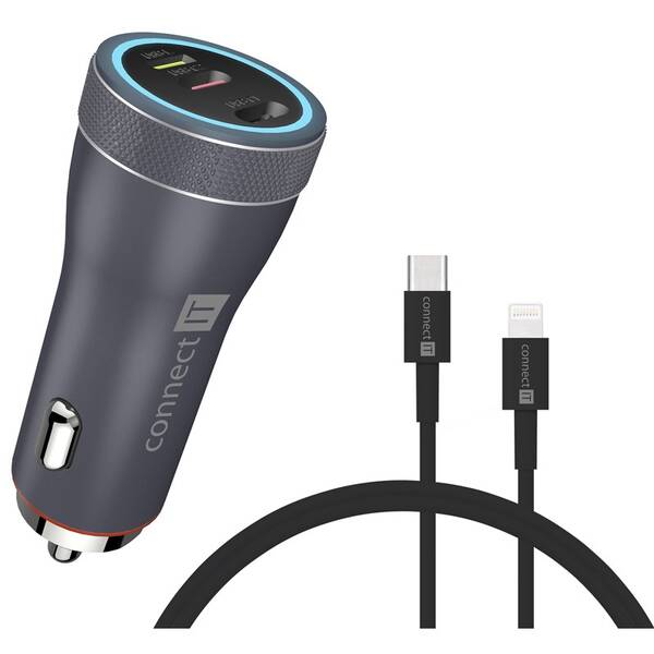 Adaptér do auta Connect IT InCarz DUPLEX, 2x USB-C, 1x Lightning + kabel 1m antracitová barva
