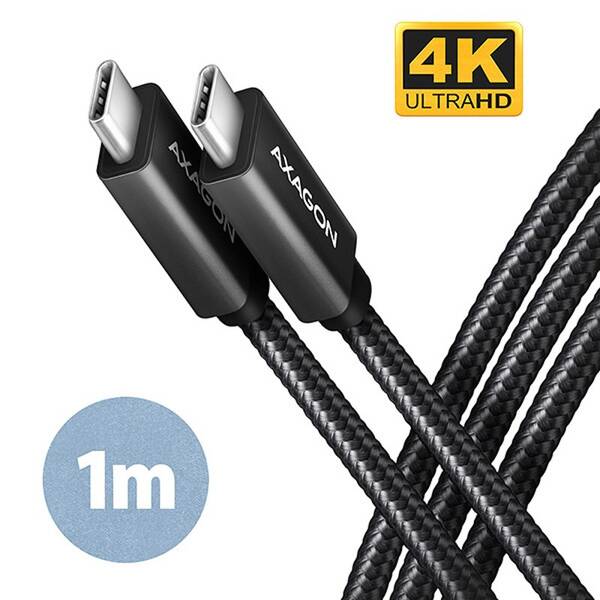 Kabel Axagon SPEED+ USB-C / USB-C, 1m, PD 100W, 4K HD, pletený černá barva
