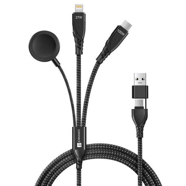 Kabel Connect IT Wirez 6in1, USB-C/Lightning/Watch Charger, 1,25m černá barva
