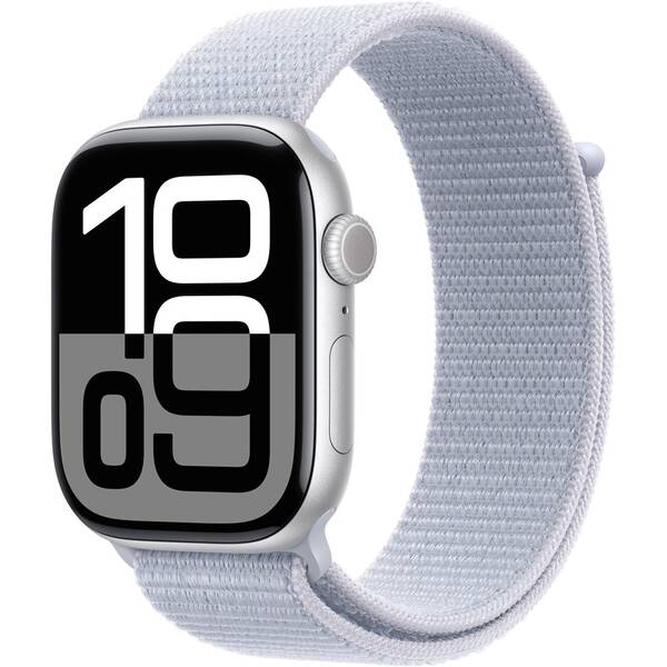 Chytré hodinky Apple GPS + Cellular 46mm pouzdro ze stříbrného hliníku - oblačně modrý provlékací sportovní řemínek 
