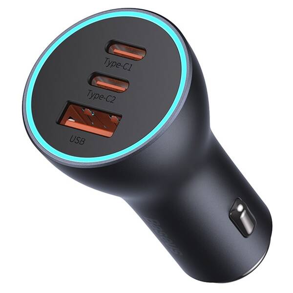 Adaptér do auta Baseus 2x USB-C + USB-A 65W šedá barva
