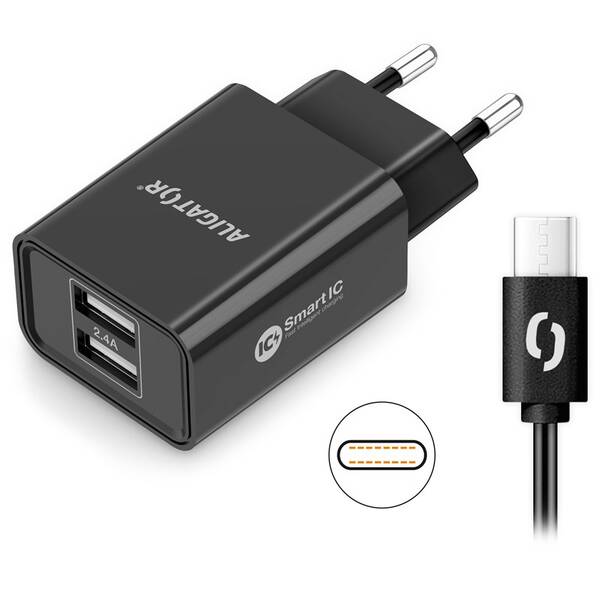 Nabíječka do sítě Aligator 2,4A, 2xUSB, smart IC, USB-C kabel černá barva
