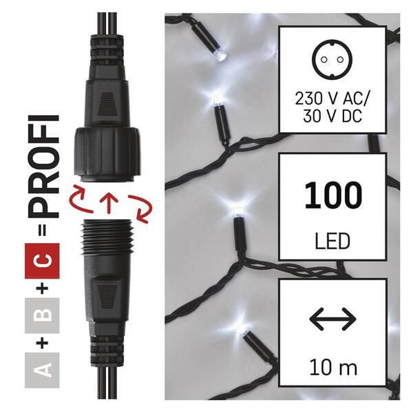 Spojovací řetěz EMOS 100 LED Profi černý, 10 m, venkovní i vnitřní, studená bílá, časovač 
