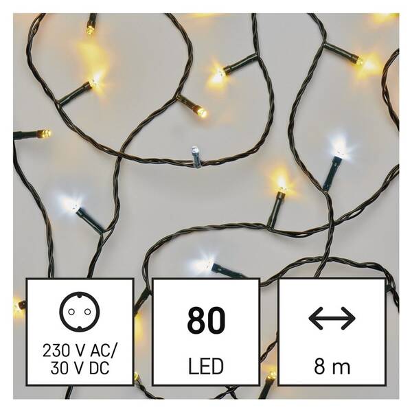 Vánoční osvětlení EMOS 80 LED řetěz, 8 m, venkovní i vnitřní, teplá/studená bílá, časovač 
