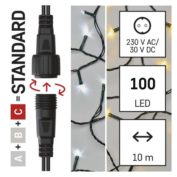 Spojovací řetěz EMOS 100 LED Standard, 10 m, venkovní, teplá/studená bílá, časovač 
