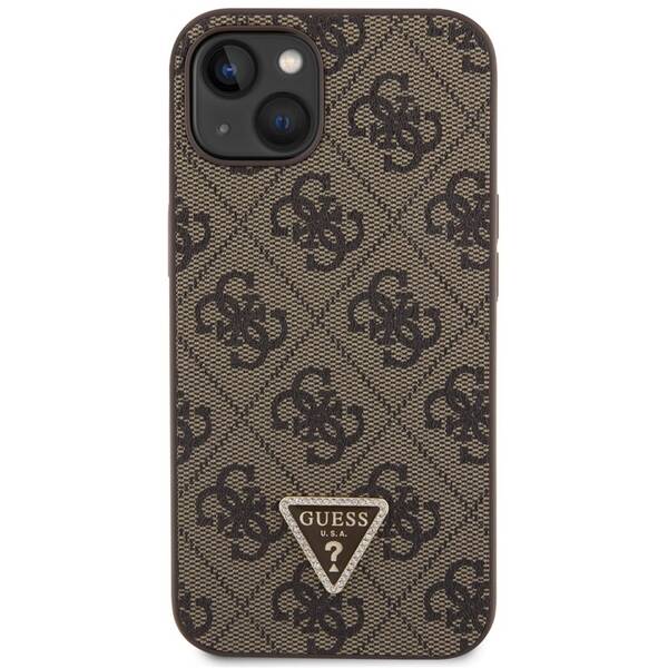 Kryt na mobil Guess 4G Strass Triangle Metal Logo na Apple iPhone 15 hnědá barva
