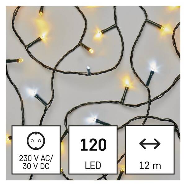 Vánoční osvětlení EMOS 120 LED řetěz, 12 m, venkovní i vnitřní, teplá/studená bílá, časovač 
