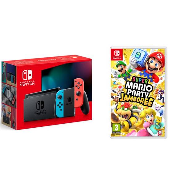 Set výrobků Nintendo Herní konzole Nintendo SWITCH + Neon red / Neon blue Joy -Con + Hra Nintendo SWITCH Super Mario Party Jamboree 
