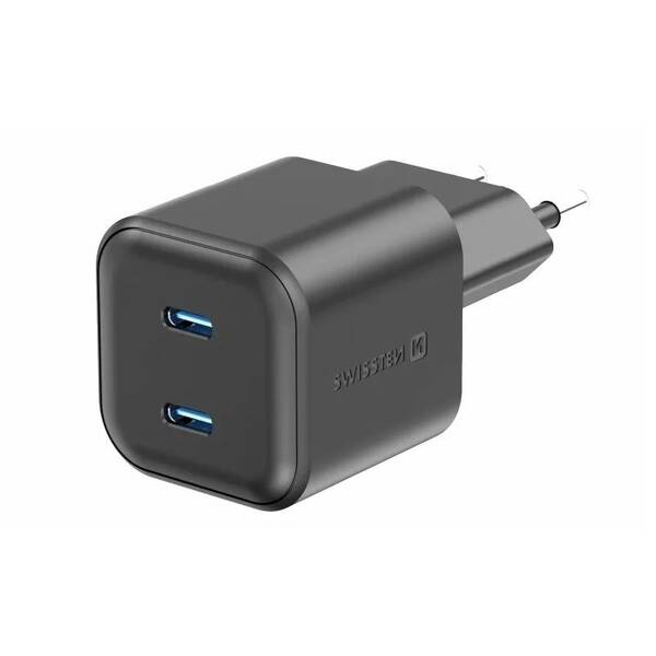 Nabíječka do sítě Swissten GaN, PD 2x USB-C 20W černá barva
