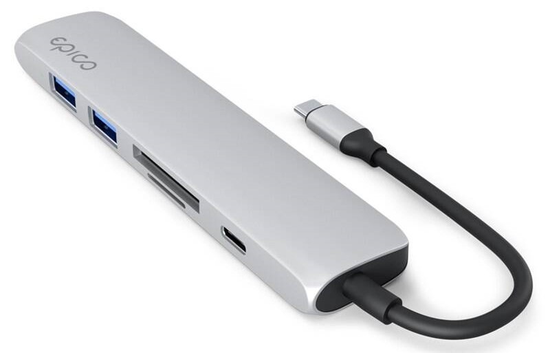 USB Hub Epico 6in1 Aluminium 8K USB-C/1× USB-C, 2× USB 3.0, HDMI, microSD, SD - stříbrný