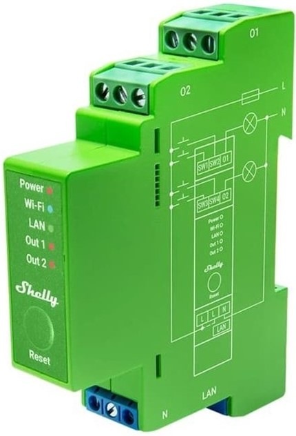 Modul Shelly Pro Dimmer 2PM, dvoukanálový stmívací modul, LAN, WiFi, Bluetooth - zelený