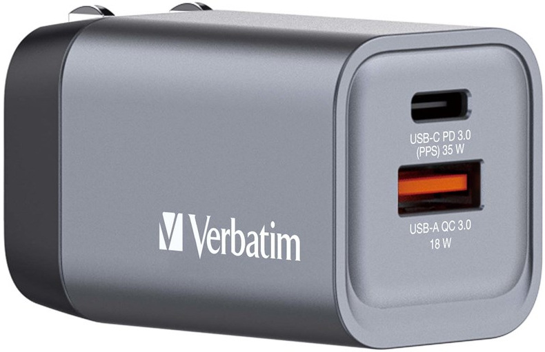 Verbatim GNC-35 GaN, 35 W, 1× USB-C PD 35 W, 1× USB-A QC 3.0, stříbrná