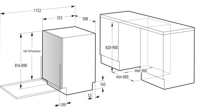 Vestavná myčka Gorenje GV673C65, rozměry pro zabudování