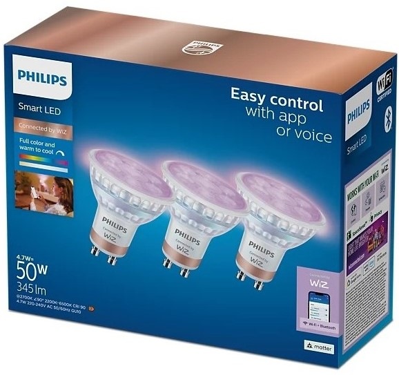 Chytrá žárovka Philips Smart LED 4,7W, GU10, RGB, 3ks