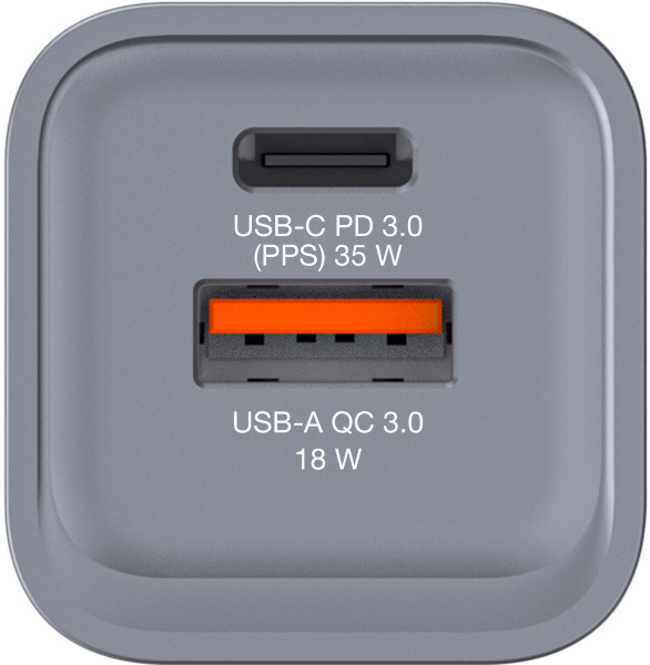 Verbatim GNC-35 GaN, 35 W, 1× USB-C PD 35 W, 1× USB-A QC 3.0, stříbrná