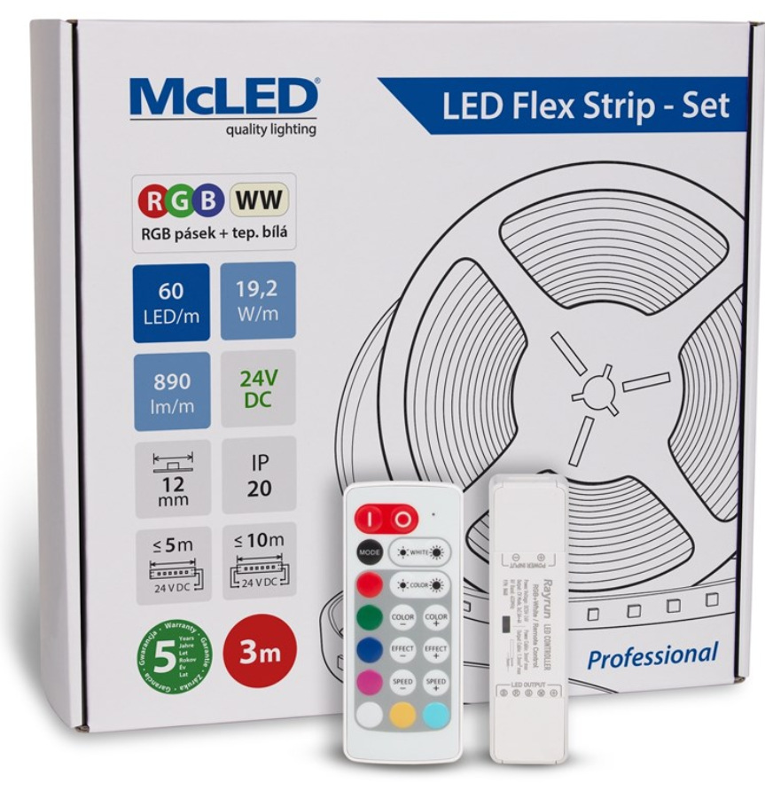 McLED s ovládáním Nano - sada 3 m - Professional, 60 LED/m, RGB+WW, 890 lm/m, vodič 3 m 