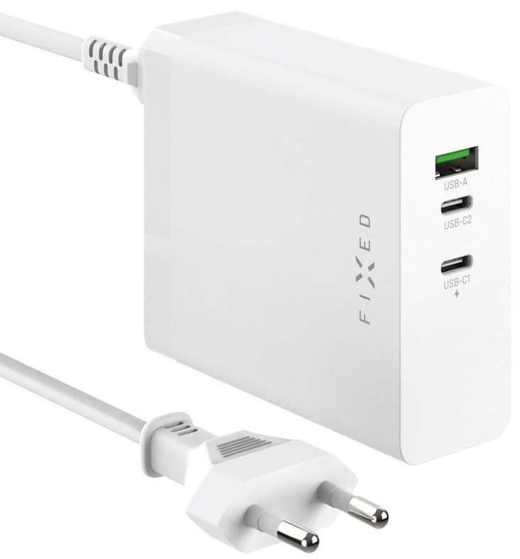 Nabíječka do sítě FIXED Charging Station, 2xUSB-C 1xUSB-A, GaN, PD 3.1, 140W - bílá