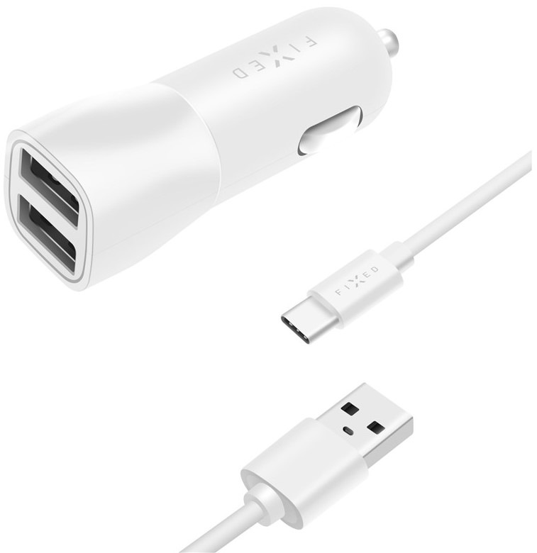 Adaptér do auta FIXED 2xUSB, 15W Smart Rapid Charge + USB-C kabel 1m - bílý