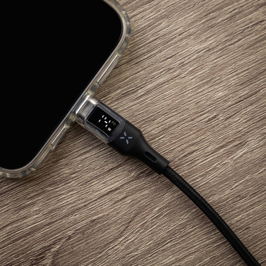 Kabel FIXED USB-C/USB-C, s displejem, PD, 100W, 1,2 m - černý