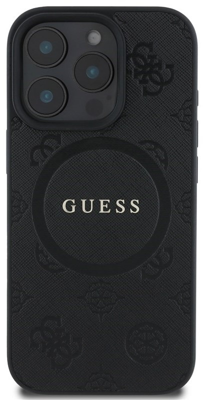 Kryt na mobil Guess Saffiano Peony Stamp MagSafe na Apple iPhone 16 Pro - černý