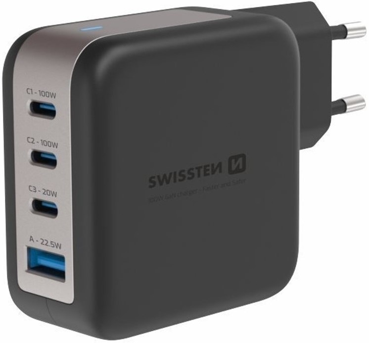 Nabíječka do sítě Swissten GaN 3x USB-C 100W PD + 1x USB-A 18W QC - černá