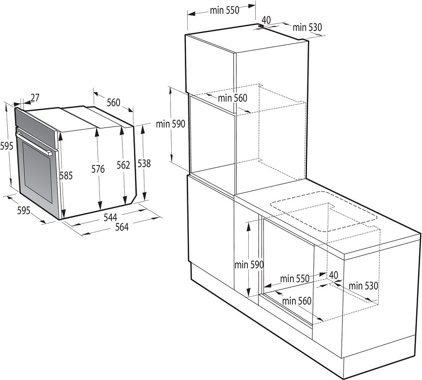 Trouba Gorenje BO6737E02X, rozměry pro zabudování