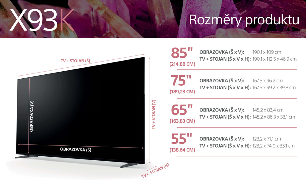 Televize Sony XR-75X93K rozměry