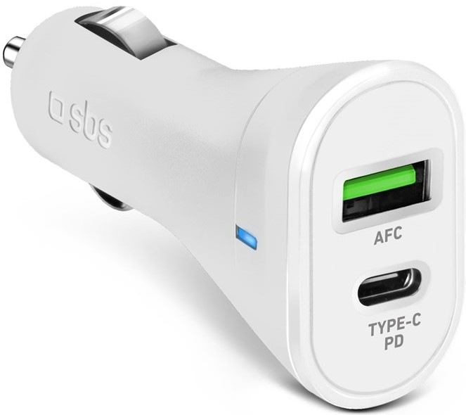 Adaptér do auta SBS USB-C PD 20 W/USB-A AFC 18 W - bílá