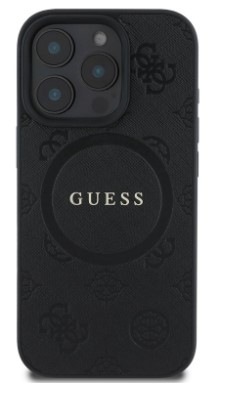 Kryt na mobil Guess Saffiano Peony Stamp MagSafe na Apple iPhone 16 Pro - černý