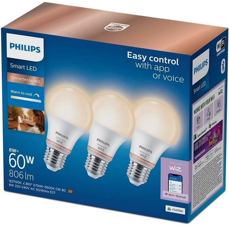 Chytrá žárovka Philips Smart LED 8W, E27, Tunable White, 3ks