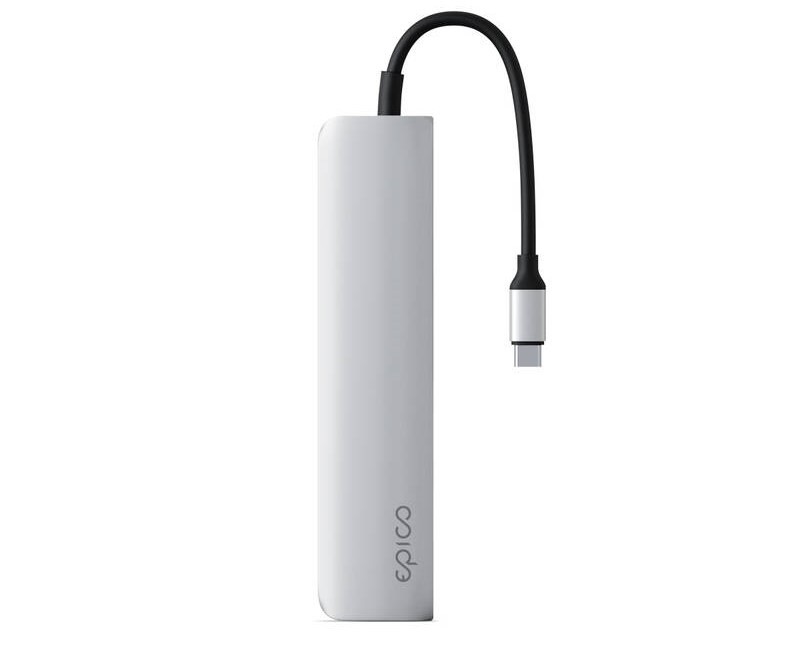 USB Hub Epico 6in1 Aluminium 8K USB-C/1× USB-C, 2× USB 3.0, HDMI, microSD, SD - stříbrný