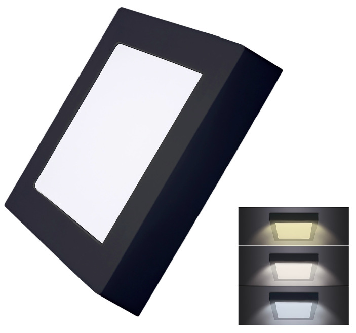 LED mini panel CCT, přisazený, 12W, 900lm, 3000K, 4000K, 6000K, čtvercový, černá barva