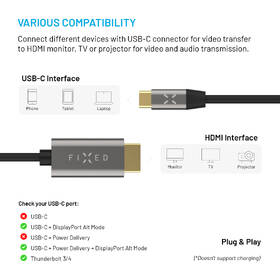 Kabel FIXED USB-C/HDMI 2.0 4K60Hz, 2m černá barva
